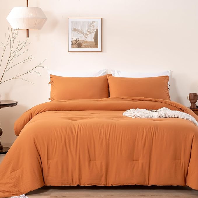 Burnt Orange Full Size Comforter Set, 3 Pieces Solid Terracotta Rust Breathable Fluffy Ultra Soft Polycotton Quilted Bedding Down Blanket Comforter for All Season (1 Conforter 2 Pillow Case)