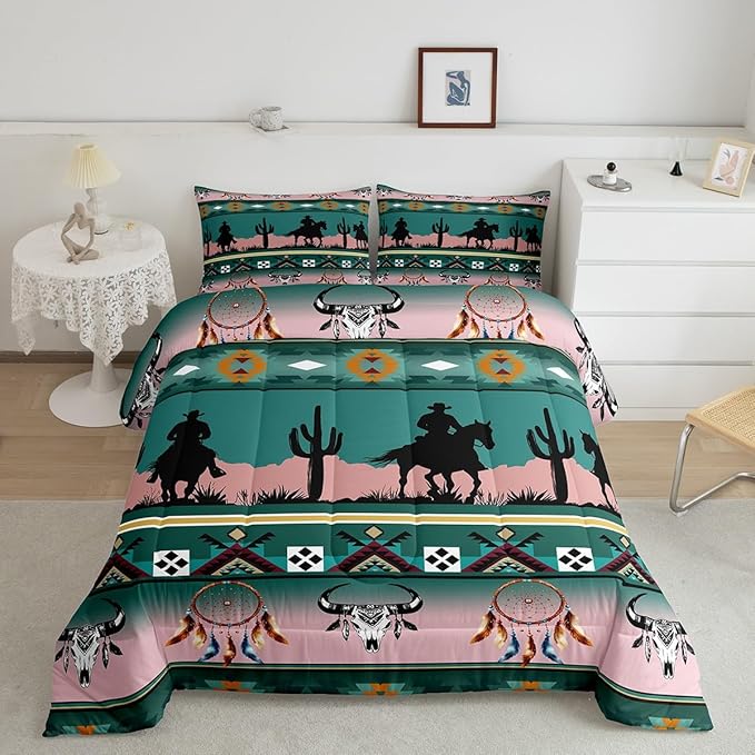 Erosebridal Western Comforter Set Toddler Size, Longhorn Skull Dream Catcher Boho Bedding Set for Kids Boys Teens Adult Bedroom, Cowboy Horse Aztec Quilt Southwestern Geometric Duvet Insert, Green