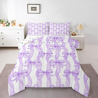 Bow Ribbon Bedding Sets King Size,Purple Bowknot Stripes Girl Comforter Set 3Pcs for Kids Woman Youth Room Decor,Girly Butterfly Tie Quilted Duvet Dreamy Princess Style Down Comforter,2 Pillowcases