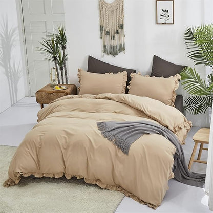 CLOTHKNOW Champagne Ruffles Queen Comforter Set 3Pcs Farmhouse Bedding Comforter Sets Soft Tan Comforter Khaki Comforter with 2 x Pillow Cases