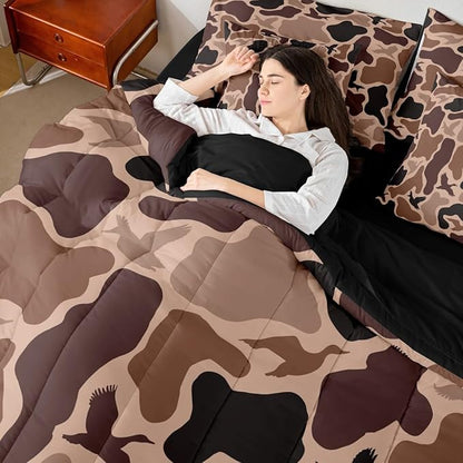 Erosebridal Duck Huner 7 Piece Bedding Set Queen Camo Comforter Set with Sheets Rustic Hunting Army Bed in a Bag Woodland Camouflage Military Bed Sets Comforter