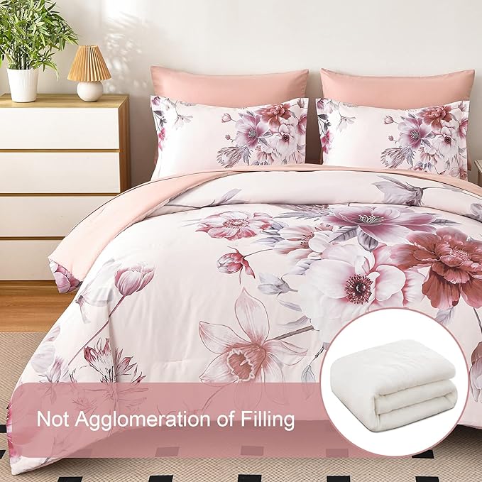 Floral Comforters Queen Size 7 Pieces Botanical Pink Bed in a Bag Ulter Soft Microfiber Bedding Set, Lightweight Bed Comforter Set with Sheets for All Season (Pink, Queen)