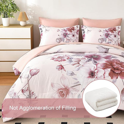 Floral Comforters Queen Size 7 Pieces Botanical Pink Bed in a Bag Ulter Soft Microfiber Bedding Set, Lightweight Bed Comforter Set with Sheets for All Season (Pink, Queen)