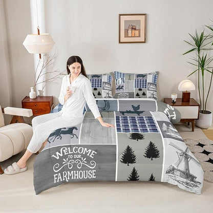 Erosebridal Western Cowboy Comforter Set Queen Size, Farmhouse Horse Bedding Set for Kids Boys Teens Adult Bedroom Decor, Rustic Cabin Lodge Windmill Quilt Rooster Pig Farm Animal Duvet Insert