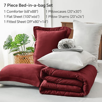 BEDELITE Twin XL Comforter Set 5 Pieces Bed in A Bag - Soft Microfiber Reversible Twin Extra Long Burgundy Bed Set with Comforters, Sheets, Pillowcase & Sham, Cozy Bedding Sets for College Dorm Room