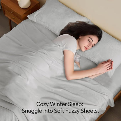BEDELITE Flannel Sheets Full Size Light Grey - Super Soft Fleece Sheets Set Fluffy Extra Plush, 4 Piece(Include Fitted Sheet, Flat Sheet, 2 Pillowcases)