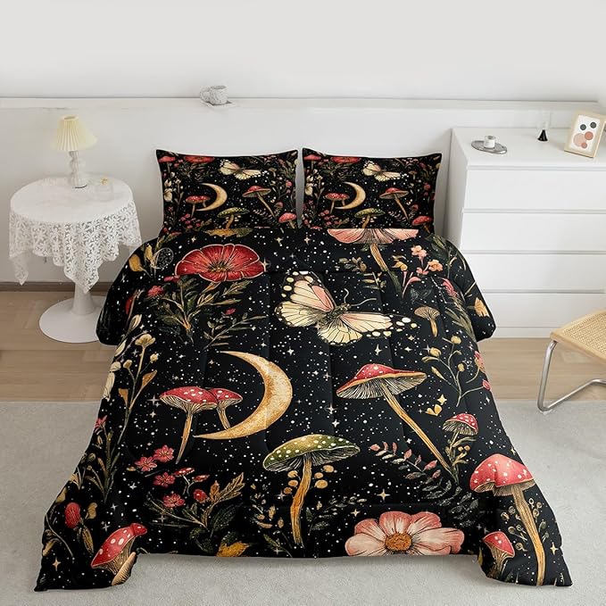 Erosebridal Gothic Mushroom Black Bedding Set for Boys, Vintage Mushroom Comforter Set King Boho Moth Spring Floral Comforter for Kids Teens Adults Bedroom, Moon and Starry Star Quilt Lightweight