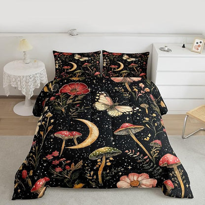 Erosebridal Gothic Mushroom Black Bedding Set for Boys, Vintage Mushroom Comforter Set Queen Boho Moth Spring Floral Comforter for Kids Teens Adults Bedroom, Moon and Starry Star Quilt Lightweight