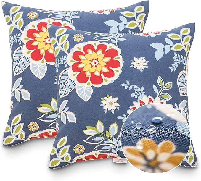 JMGBird Weather-Resistant Outdoor Pillows Set of 2, 18x18 inch Durable Red Flowers Blue Background Throw Pillows with Inserts for Patio Furniture