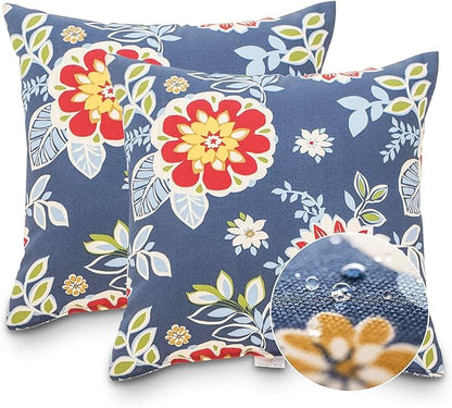 JMGBird Weather-Resistant Outdoor Pillows Set of 2, 18x18 inch Durable Red Flowers Blue Background Throw Pillows with Inserts for Patio Furniture