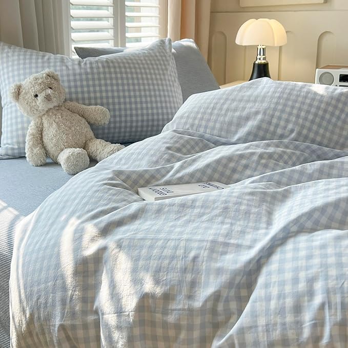 VM VOUGEMARKET Boys Comforter Set Twin XL Blue Plaid Gingham Down Comforter with 2 Pillowcases,Modern Cozy Bedding Quilt Set for Dorm Room 68"x90"