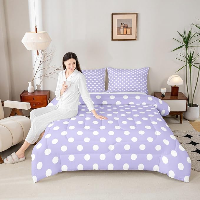 Manfei Polka Dots Comforter Set Queen Size,Cartoon French Style Princess Purple White Bedding Set 3 Pcs for Teens Adults,Modern Geometric Circles Abstract Simple Art Comforter,2 Pillowcases