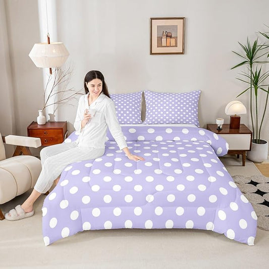Manfei Polka Dots Comforter Set Queen Size,Cartoon French Style Princess Purple White Bedding Set 3 Pcs for Teens Adults,Modern Geometric Circles Abstract Simple Art Comforter,2 Pillowcases