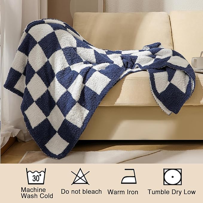 MorroMorn Checkered Blanket for Couch Bed Sofa Chair, 2-Layers Soft Cozy Fleece Plaid Blankets Checkerboard Grid - Fluffy Fuzzy Warm Lightweight Home Decor (Navy Blue, Twin 60"x80")