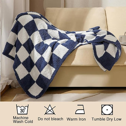 MorroMorn Checkered Blanket for Couch Bed Sofa Chair, 2-Layers Soft Cozy Fleece Plaid Blankets Checkerboard Grid - Fluffy Fuzzy Warm Lightweight Home Decor (Navy Blue, Twin 60"x80")