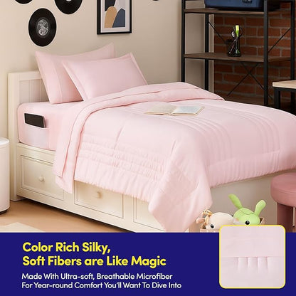 Twin Size Comforter Set Quilted Stripe Bedding Bundle – Stylish Set with Comforter, Mattress Protector, Sheet Set & Pillow Shams — Sophisticated Striped Design for Home & Guest Rooms, Pale Pink