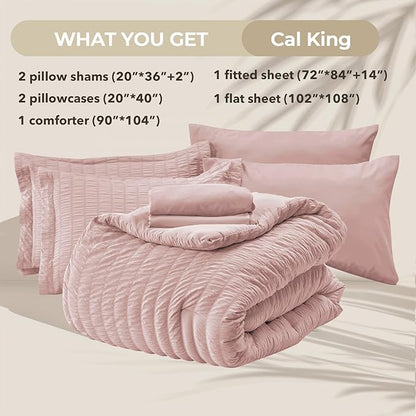 HYMOKEGE Rose Gold California King Comforter Set Seersucker 7 Pieces, All Season Luxury Bed in a Bag Queen for Bedroom, Bedding Set with Comforter, Sheets, Pillowcases & Shams