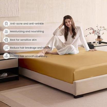 THXSILK 6A+ Top Grade 100% Pure Mulberry Silk King Fitted Sheet 3Pcs Set Bed Sheets Luxury Bedding for Hair and Skin Health Breathable Cooling, 1 Fitted Sheet with 2 Pillowcases, Metallic Gold