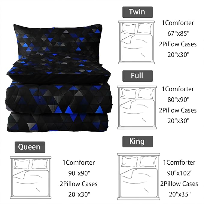 Geometric Blue Black Comforter Set,Triangle Honeycomb 3 PCS Bedding Set Queen Size for Teen Adult,Modern Quilt Set Geometry Decor,Microfiber Lightweight 1 Comforter 2 Pillowcases