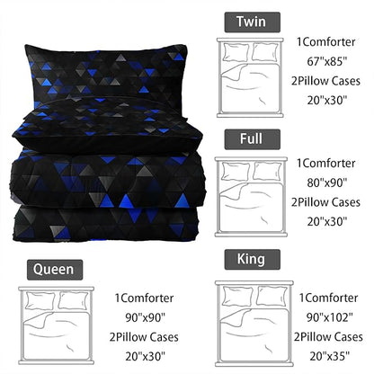 Geometric Blue Black Comforter Set,Triangle Honeycomb 3 PCS Bedding Set Twin Size for Teen Adult,Modern Quilt Set Geometry Decor,Microfiber Lightweight 1 Comforter 2 Pillowcases