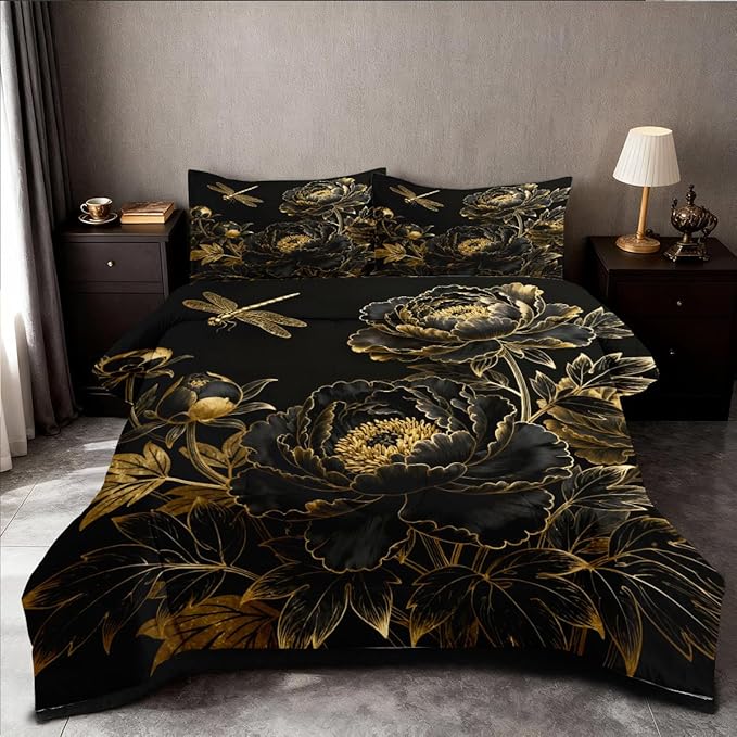 Black Floral Comforter Set Queen 3 Pieces Elegant Flower Printed Bedding Set Soft Microfiber Down Alternative Comforter with 2 Pillowcases