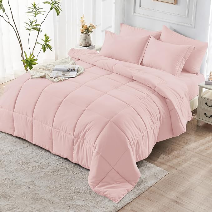 JOLLYVOGUE Twin XL Comforter Set, Ultra-Soft Bed in a Bag Twin XL Size 5 Pieces, Oeko-TEX Certified Bedding Set with Down Alternative Comforter, Sheets, Pillowcases & Shams, Blush Pink