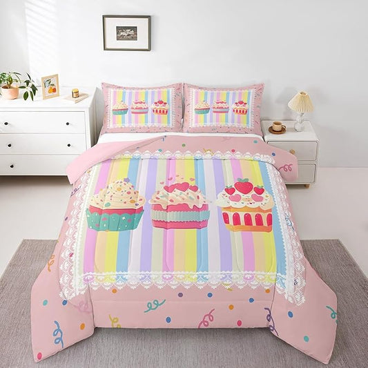 Kawaii Dessert Kids Twin Size Comforter Set,Watercolor Cute Cupcake Pattern Reversible Bedding Set for Teens Bedroom,Dots Sketch Rainbow Stripes Plaid Quilted Duvet Set with 1 Pillowcase