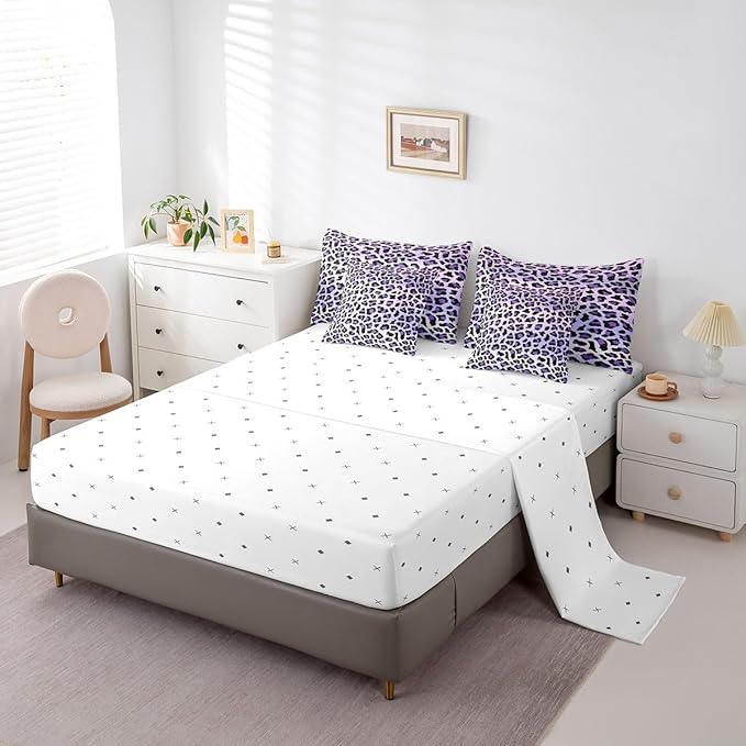 Feelyou Purple Leopard Bedding Set for All Season Cheetah 7 Pieces Comforter Sets King Size Teens Room Decor Animal Print Bed in a Bag with Comforter, Sheets, Pillowcases & Cushion Cover