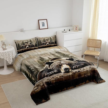 Feelyou Grizzly Bear Comforter Set Toddler Size, Wild Animal Hunting Quilt Set with 1 Pillowcases, Western Cabin Bedding Set 2pcs Kids Boys Teens Room Decor, Rustic Country Farmhouse Duvet Insert