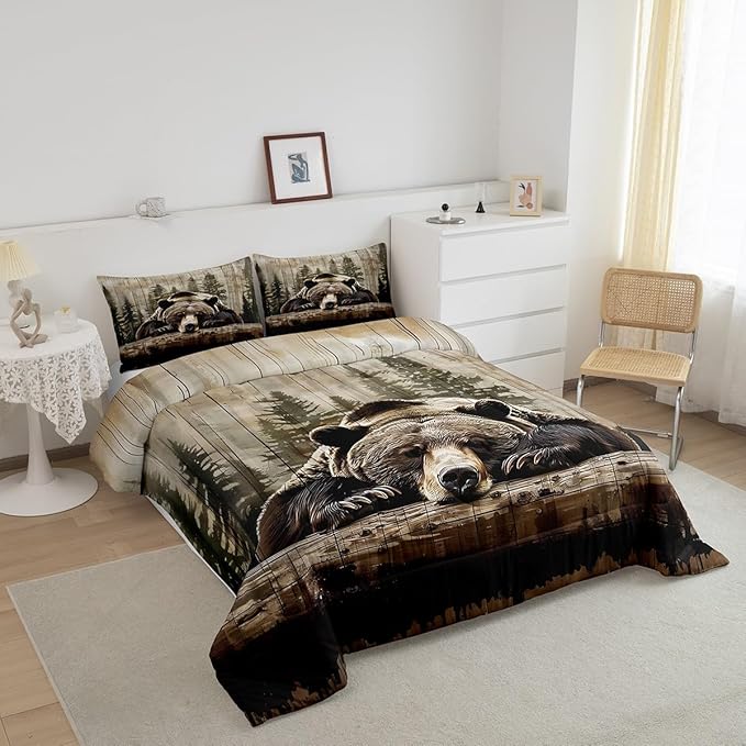 Feelyou Grizzly Bear Comforter Set Queen Size, Wild Animal Hunting Quilt Set with 2 Pillowcases, Western Cabin Bedding Set 3pcs for Kids Boys Teens Room Decor, Rustic Country Farmhouse Duvet Insert