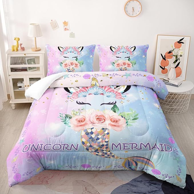 Cartoon Mermaid Tail Comforter Sets Full Size, Bedding Sets for Kids,Flowers and Scallops Comforter Sets All Season 1 Comforter and 2 Pillowcases