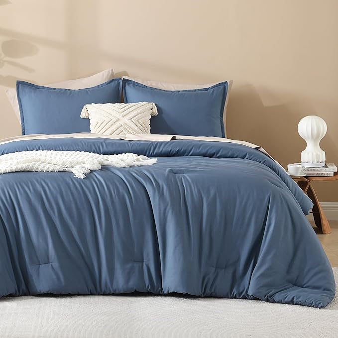 Litanika Haze Blue Comforters Oversized King Size, 3 Pieces Lightweight Solid Bedding Comforter Set, All Season Fluffy Bed Set (120x98In Comforter & 2 Pillowcases)