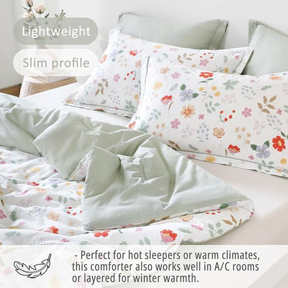 Botanical Cotton Comforter King Size 3Pcs - Colorful Flowers, Berries and Leaves on White, Chevron Sage Green Back, Reversible Lightweight Bedding Sets with Soft Fill(King, 104"×90")