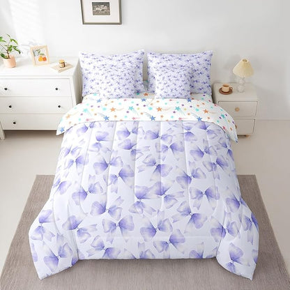 Feelyou Purple Bow Comforter Set with Sheets Full Size Kids Bowknot 7 Pieces Bedding Set for Boys Girls Teens Gift for Girls Women Bed in a Bag Breathable Princess Décor Bed Set