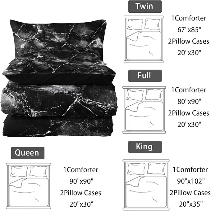 Black and White Comforter Set King Size，Black and White Marble Bedding Set 3 Pcs Bedding for Adults, Marble Room Decor with Comforter and 2 Pillowcases Soft and Lightweight
