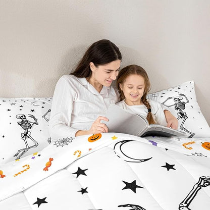 Erosebridal Halloween Skull Comforter Set Queen, Dancing Skull Bedding Set, Gothic Skeleton Comforter, Star Quilt with 2 Pillowcases for Kids Boys Teens Men Vintage Halloween Decor