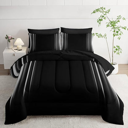 White and Black Bedding Set Twin Size Abstract Ombre Comforter Set Bedding Set 7 Piece in A Bag,Dark Quilt Set Mordern Art Decor All Seasons with Pillowcases,Flat, Fitted Sheet