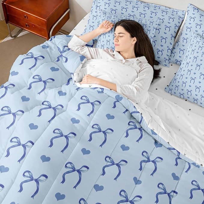 Erosebridal Blue Love Hearts Bowknot Full Comforter Set 7 Pieces | Ribbon Girly Kids Bed in A Bag for Bedroom Cute Dreamy Bow Kawaii Bedding Set with Comforters Adults Women Teens Room Decor