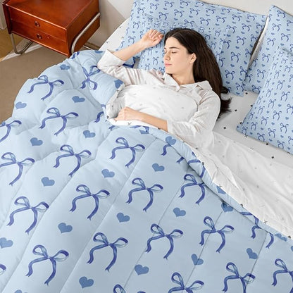 Erosebridal Blue Love Hearts Bowknot Full Comforter Set 7 Pieces | Ribbon Girly Kids Bed in A Bag for Bedroom Cute Dreamy Bow Kawaii Bedding Set with Comforters Adults Women Teens Room Decor