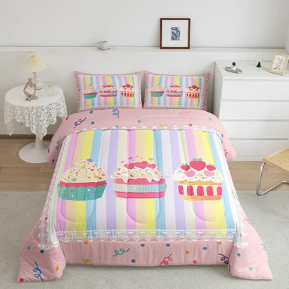 Kawaii Dessert Kids Twin Size Comforter Set,Watercolor Cute Cupcake Pattern Reversible Bedding Set for Teens Bedroom,Dots Sketch Rainbow Stripes Plaid Quilted Duvet Set with 1 Pillowcase