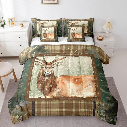 Erosebridal Elk Deer 7 Piece Comforter Set Full Bed in a Bag,Woodland Animals Bedding Sets Camouflage Sheet Set with Comforter