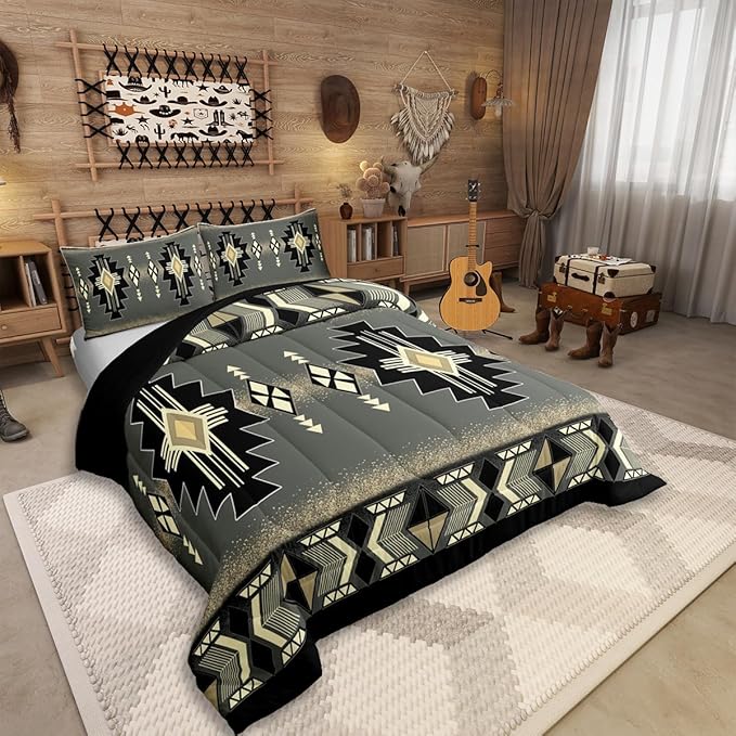Erosebridal Toddler Southwestern Aztec Comforter Set, Rustic Western Bedding Set, Exotic American Native Bedding Comforter Sets for Boys Teens Men Bedroom, Farmhouse Ethnic Geometric Quilt,Gray Black