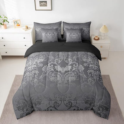 Erosebridal Gothic Damask Comforter Set 7 Piece Bed in a Bag Twin,Halloween Bat Bedding Sets Silver Gray Victorian Floral Goth Sheet Set with Comforter