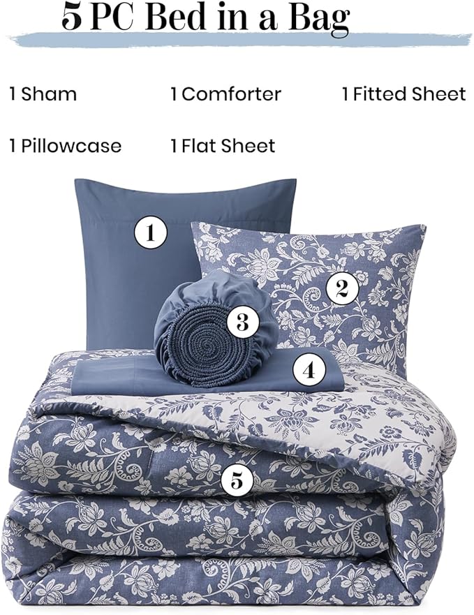 Twin XL Comforter Set -5 Pieces Floral Oxford Blue Bedding Set for All Seasons, Bed in a Bag with Botanical Flowers Comforter, Sheets, Pillowcase & Sham
