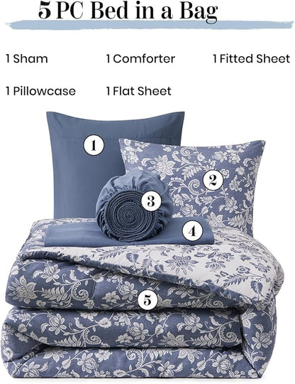 Twin XL Comforter Set -5 Pieces Floral Oxford Blue Bedding Set for All Seasons, Bed in a Bag with Botanical Flowers Comforter, Sheets, Pillowcase & Sham