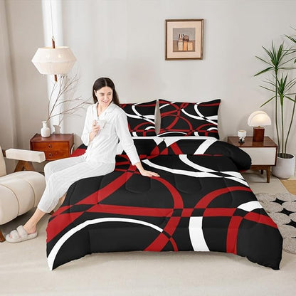 Castle Fairy Retro Circle Comforter Set Queen Size Red White Black Bedding Set for Kids Boys Girls Bedroom Decoration Stripe Line Art Bed Duvet Insert Geometric Modern Comforter with 2 Pillowcase