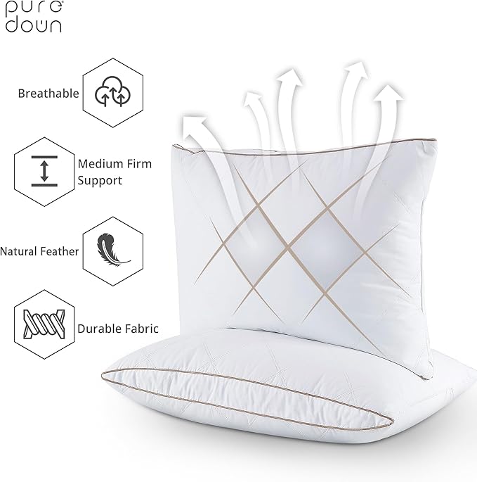 puredown® Natural Goose Down Feather Pillows for Sleeping Oval Gusseted Feather Down Pillow 100% Cotton Pillow Cover with Leaf Quilting Standard Set of 2