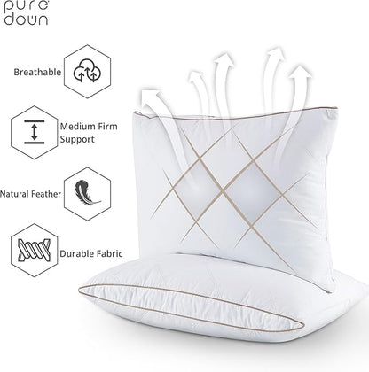 puredown® Natural Goose Down Feather Pillows for Sleeping Oval Gusseted Down Feather Pillow 100% Cotton Pillow Cover with Leaf Quilting Queen Set of 2