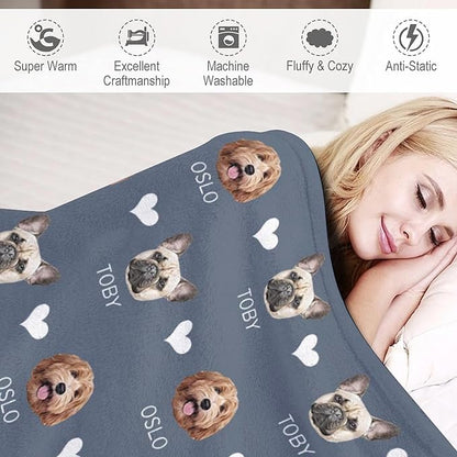 Custom Blanket with Pets Pictures & Name Personalized Funny Cat Dog Face Throw Blankets Soft Warm Plush Fleece Customized Blanket for Couch Bed Sofa Gifts for Dog Dad Mom Pet Lovers