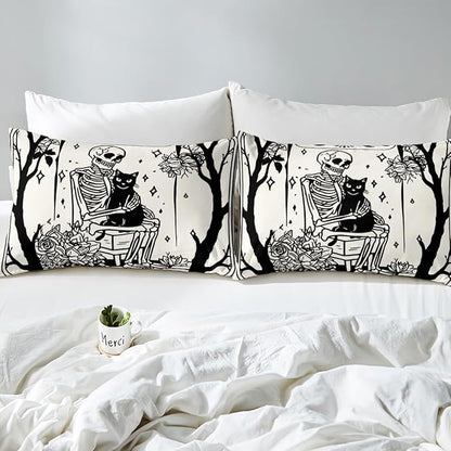 Erosebridal Halloween Gothic Skull Comforter Set Full, Skeleon Holding Cat Bedding Set, Gothic Floral Comforter for Kids Teens Boys Adults Goth Room Decor, Sun and Moon Quilt, Lightweight